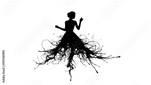 Silhouette of Elegant Woman with Creative Ink Splatter Paint Dress