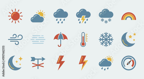 Collection of Weather Icons Sun, Clouds, Rain, Snow, Wind, Rainbow, Lightning, Thermometer, Moon, Stars, and Umbrella