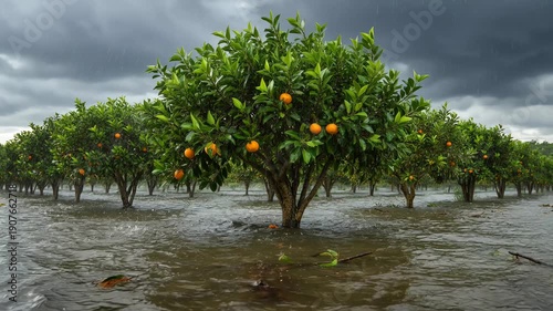 Storm flood waters submerge orange orchard rows.