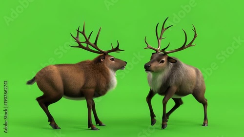 Two reindeer with large antlers on greenscreen facing and interacting.