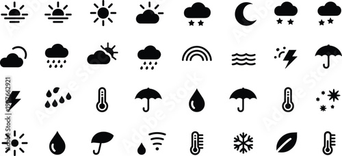 Weather icon set, sun cloud rain snow thunder temperature symbols, flat black meteorology vector collection isolated on white background