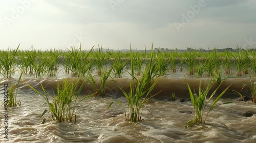 Young rice seedlings swaying in flooded paddy as water ripples.