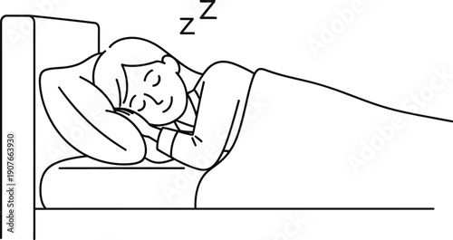 Simple line art illustration depicts a person resting comfortably in bed achieving deep sleep denoted by gentle zzz symbols floating above their head