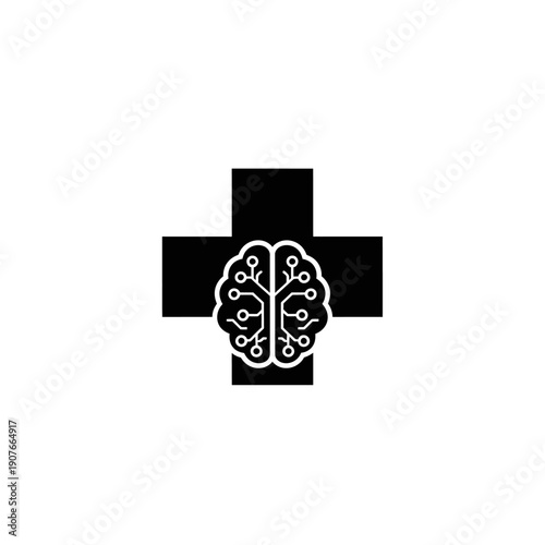 AI Brain Medical Cross Icon for Digital Health and Neurology Technology