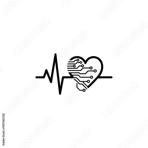 Digital Heartbeat Technology Icon, EKG Circuit Board Heart Symbol