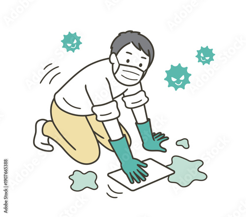 床を雑巾で拭くゴム手袋をつけた男性のイラスト