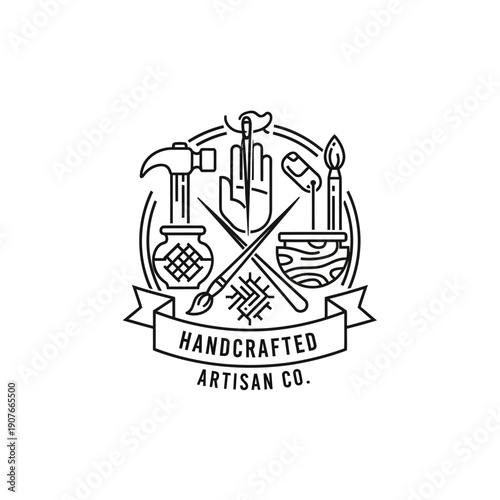 Handcrafted Artisan Co. Line Art Logo Design with Craft Tools and Handmade Elements
