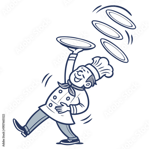 Ambitious chef comically balances several wobbling plates, representing a challenging and overwhelming task with playful humor. Vector illustration.