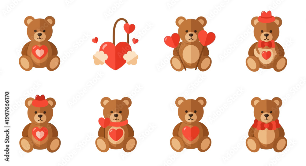 Fototapeta premium A delightful collection of flat design teddy bears and hearts, symbolizing love, affection, and romance, perfect for Valentine's Day, anniversaries, and sweet gestures