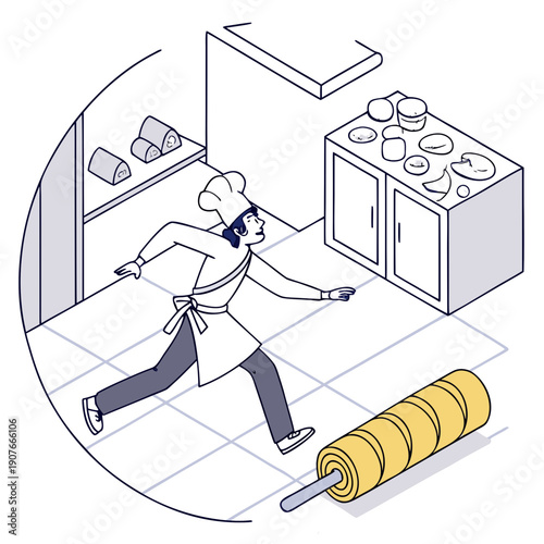 A chef humorously chases a rolling cheese wheel through a clean, stylized setting, depicting a chaotic yet amusing pursuit. Vector graphic.