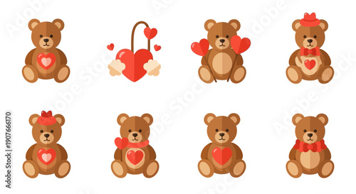 A delightful collection of flat design teddy bears and hearts, symbolizing love, affection, and romance, perfect for Valentine's Day, anniversaries, and sweet gestures