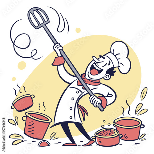 Whimsical chef attempting to cook with a comically large fork, funny vector illustration for exaggerated kitchen scenarios and culinary humor.