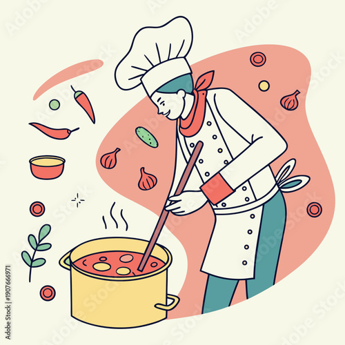 Whimsical chef stirs soup that vanishes mid-stir, a magical and funny culinary disappearance illustration.