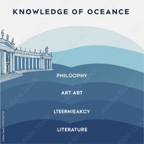 Renaissance concept art illustrating deep knowledge as a vast, mysterious ocean filled with ancient sea art, representing profound understanding. Vector.