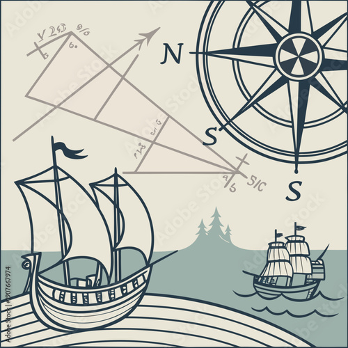 Renaissance-inspired sea mathematics illustration, blending marine life with geometric principles and calculations