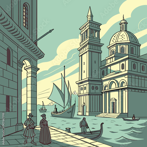 Renaissance-inspired ocean republic illustration, depicting a fantastical underwater society with architectural elements