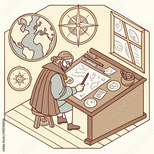 Renaissance mapmaker charting imaginary oceans, a vintage illustration of exploration and discovery