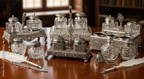 Multiple antique writing sets featuring ornate silver bases and crystal inkwells rest upon a polished wooden surface.