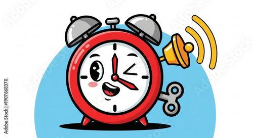 Red cartoon alarm clock with smiling face and ringing bell on blue background vector illustration