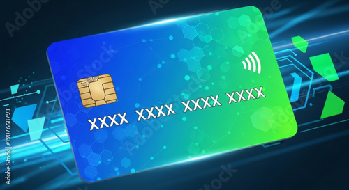 Contactless credit card with gold chip on blue and green gradient background with circuit board design