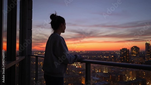 Woman with hair bun watching a beautiful sunset over a city skyline from a high-rise balcony, enjoying the panoramic urban view at dusk.