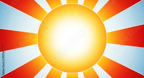 Vibrant sun illustration with orange yellow and red rays on blue background symbolizing warmth and energy