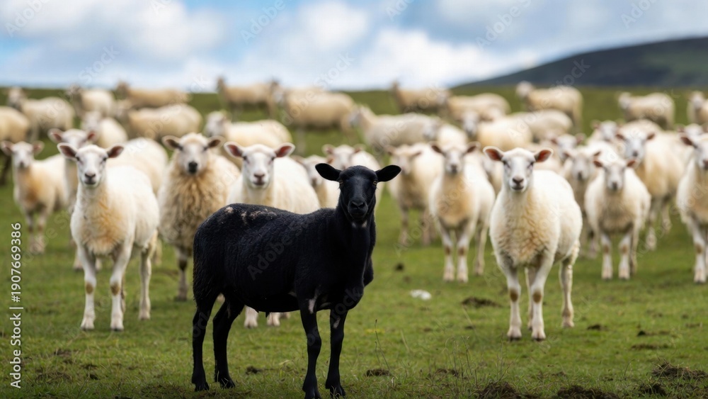 Fototapeta premium Black sheep standing out among a flock of white sheep in a green pasture.
