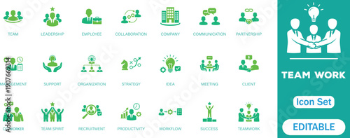 Teamwork icon set. Business team working together symbol. Co-worker, cooperation and collaboration icons. Solid icons vector collection.

