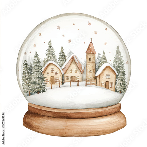 Winter snow globe village scene with houses and trees.