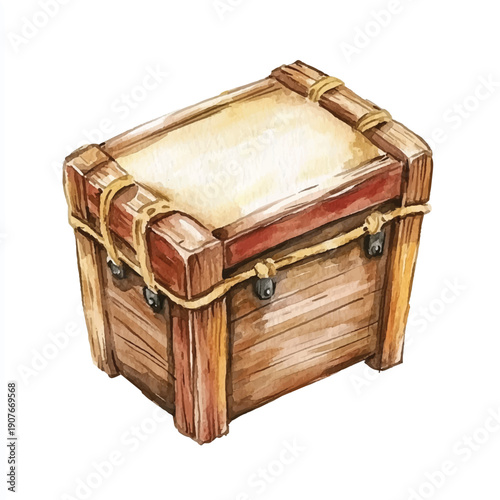 Wooden chest with rope and metal clasps antique storage container.