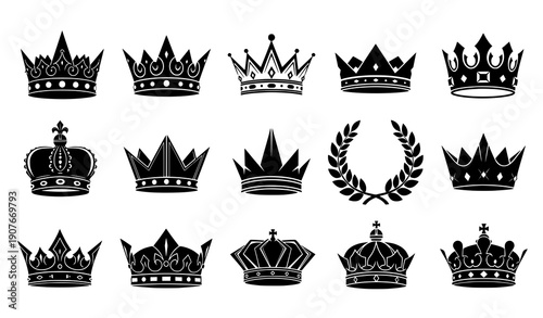Black Vector Crown Set Royal Emblem Silhouette Illustration