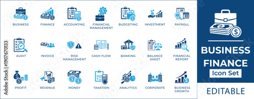 Business finance icon set featuring financial management, accounting, budgeting, investment, payroll, audit, cash flow, banking, revenue growth, and corporate taxation symbols.