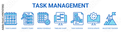 Task Management web banner icon vector illustration concept with icon of task planner, priority tasks, weekly schedule, timeline chart, task overview, status update, and milestone tracker.