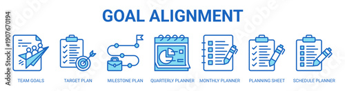 Goal Alignment web banner icon vector illustration concept with icon of team goals, target plan, milestone plan, quarterly planner, monthly planner, planning sheet, and schedule planner.