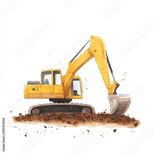 Yellow Excavator Machine Digging Dirt Construction Vehicle.