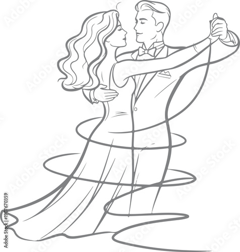 A couple dancing together in a romantic waltz pose with flowing lines. Vector, illustration