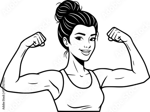 Strong Confident Woman Flexing Bicep Muscle Black and White Vector Illustration