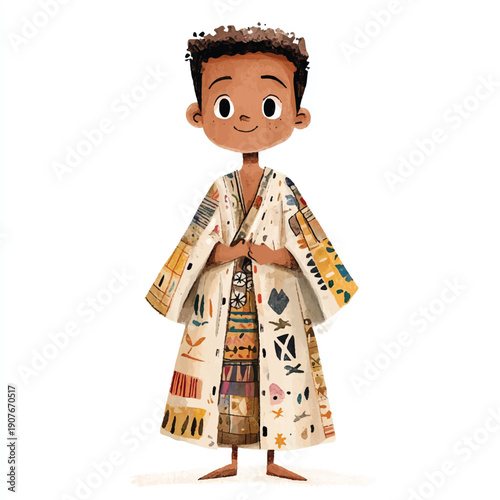 Young boy in patterned robe stands with hands clasped looking forward.