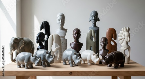 Collection of carved stone sculptures featuring wildlife and stylized human figures is displayed indoors