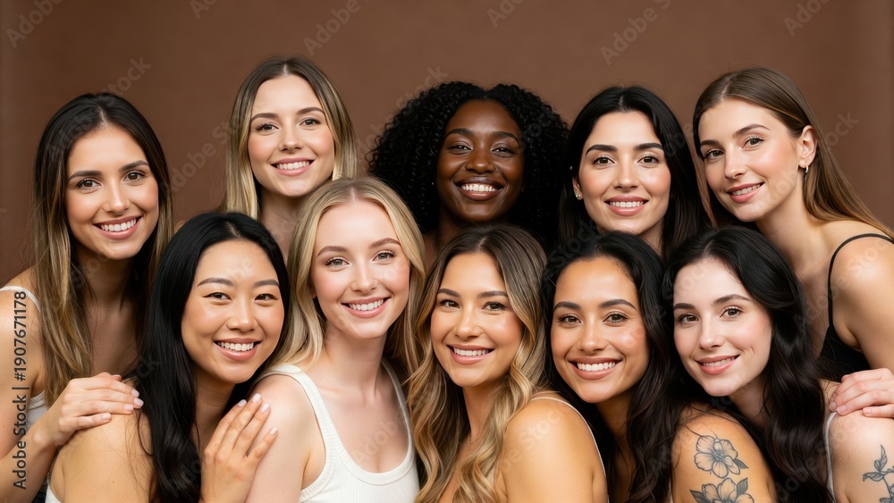 Obraz premium Diverse group of young women smiling together against brown background.