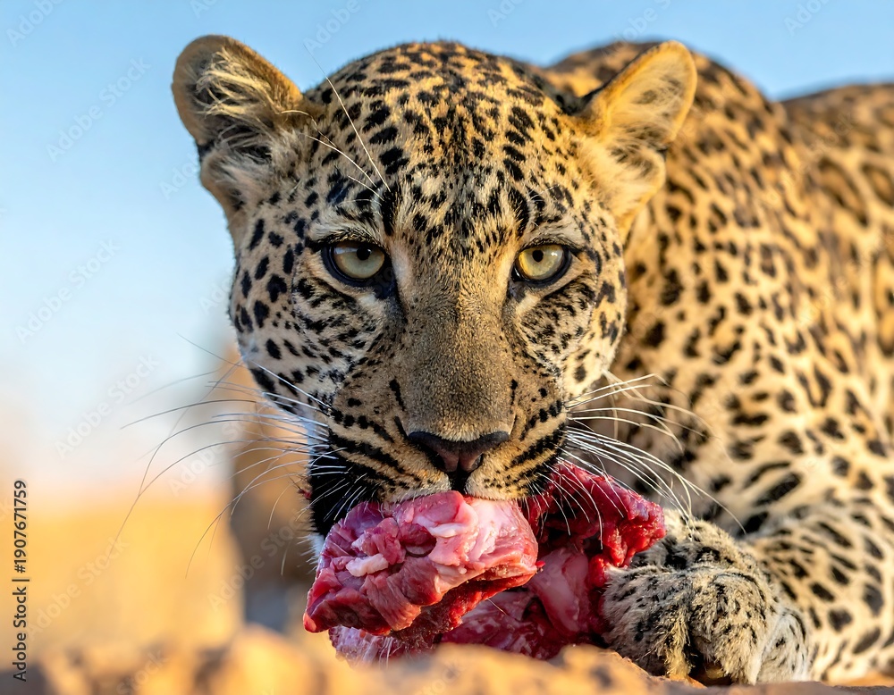 Fototapeta premium Close-up of a leopard feeding, showing its eyes and the bloody meat
