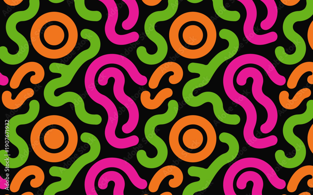 Fototapeta premium Seamless pattern of abstract organic shapes in bright pink green and orange black background