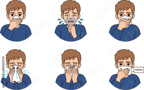 Set of a sick man with cold and flu symptoms sneezing coughing and blowing nose for healthcare and medical vector design