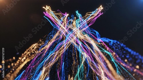 Dynamic colorful particle streams creating abstract patterns on a dark