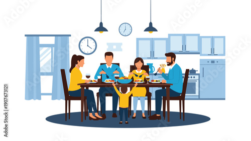 Happy family with three children sitting at a dining table eating dinner together in a modern home kitchen interior.