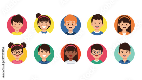 Diverse set of children avatar icons featuring boys and girls with various hair colors and ethnic backgrounds in colorful circles.