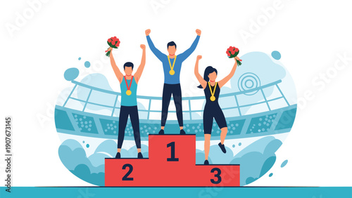 Champions standing on a three-tier podium holding medals and flower bouquets to celebrate their victory and achievement in a sports contest.