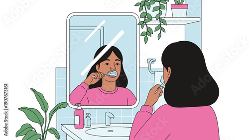 Young woman wearing pink pajamas brushing her teeth while looking into the mirror in a clean modern bathroom with green plants and tiles.