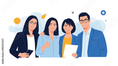 Successful team of four business professionals smiling together while holding a phone and documents in a modern office environment.