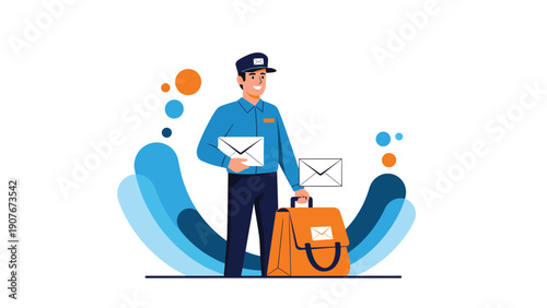 Friendly delivery courier in a blue uniform holding mail envelopes and an orange parcel bag against an abstract background.